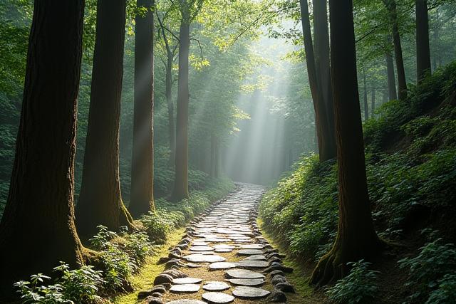Path through an ancient forest leading to a sacred shrine along the Kumano Kodo trail
