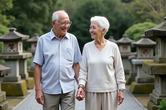 Smiling senior couple enjoying a traditional Japanese garden with accessibility ramps